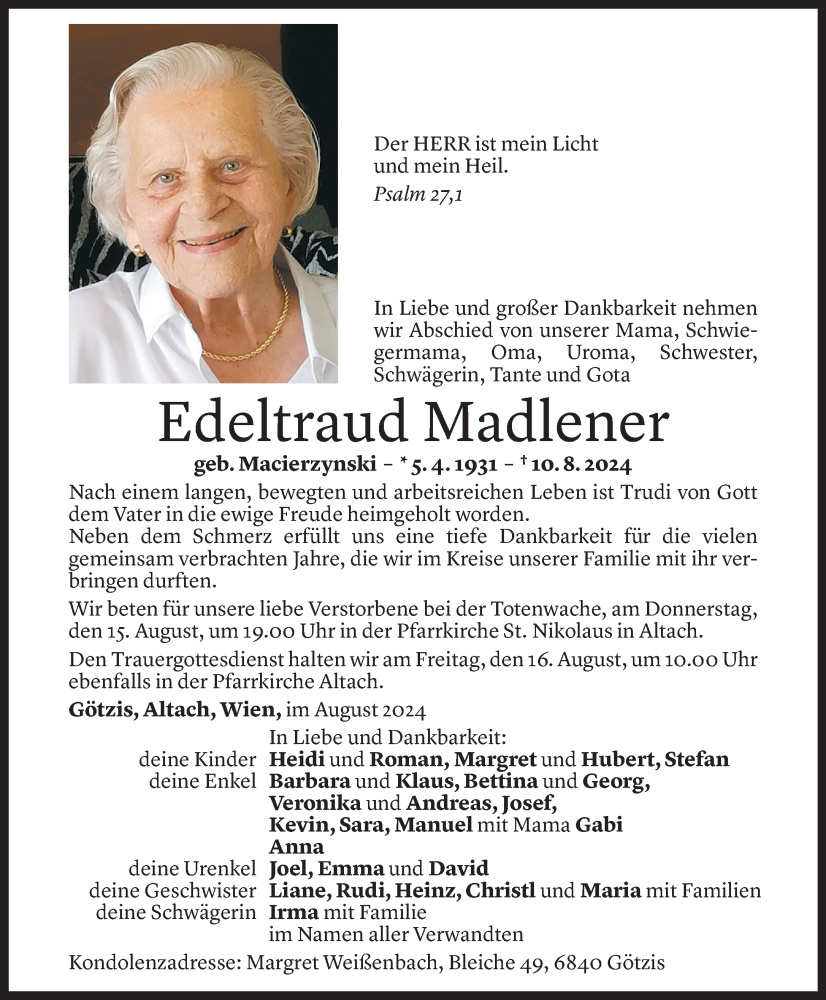  Todesanzeige für Edeltraud Madlener vom 12.08.2024 aus Vorarlberger Nachrichten