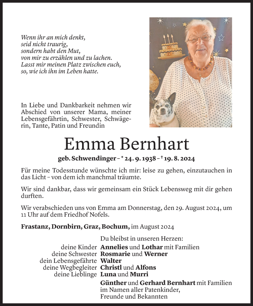  Todesanzeige für Emma Bernhart vom 27.08.2024 aus Vorarlberger Nachrichten