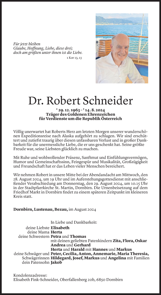 Todesanzeige von Robert Schneider von Vorarlberger Nachrichten