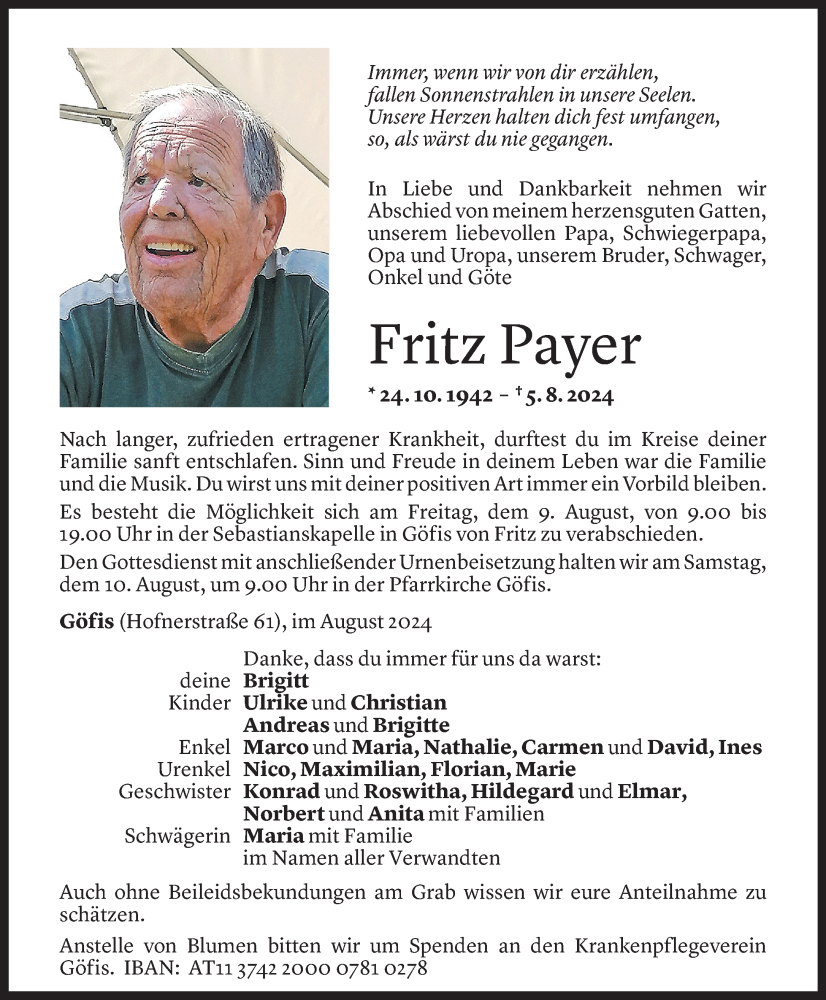  Todesanzeige für Fritz Payer vom 06.08.2024 aus Vorarlberger Nachrichten