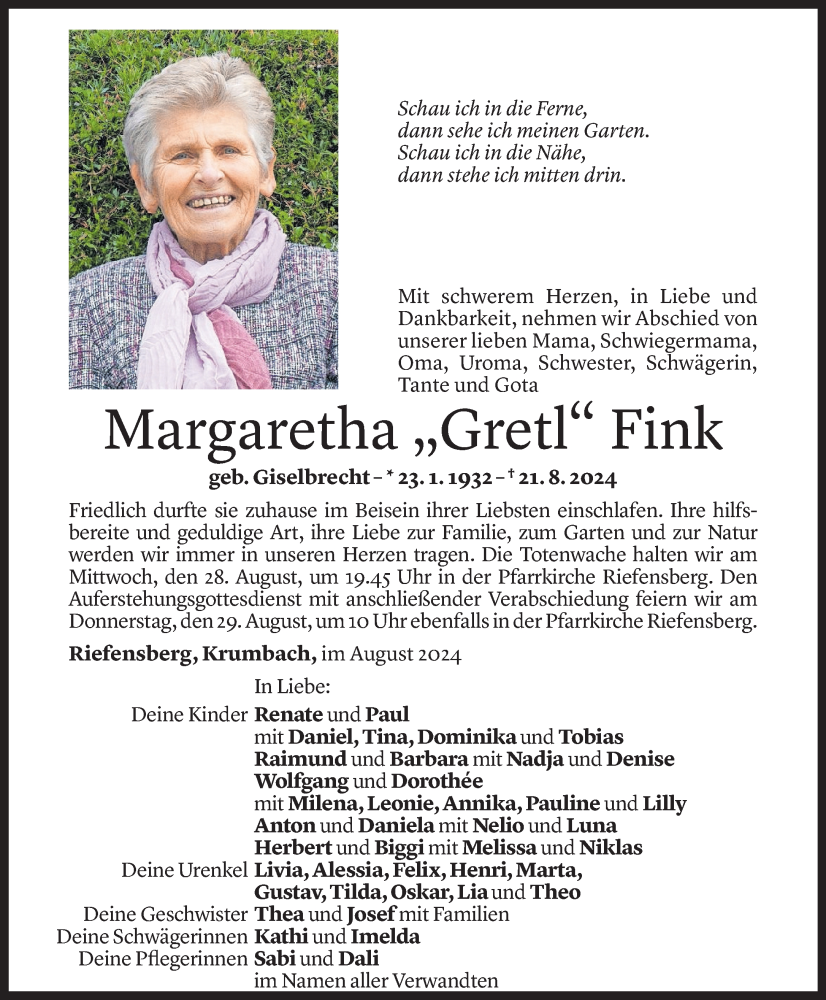  Todesanzeige für Margaretha Fink vom 27.08.2024 aus Vorarlberger Nachrichten