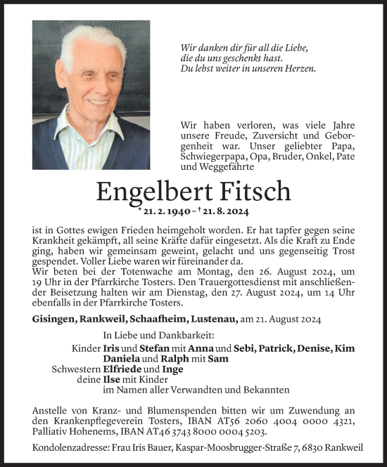 Todesanzeige von Engelbert Fitsch von Vorarlberger Nachrichten