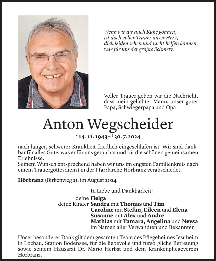  Todesanzeige für Anton Wegscheider vom 10.08.2024 aus Vorarlberger Nachrichten