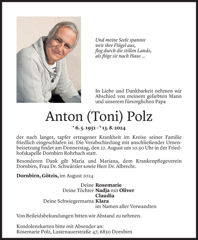  Todesanzeige für Anton Polz vom 16.08.2024 aus Vorarlberger Nachrichten