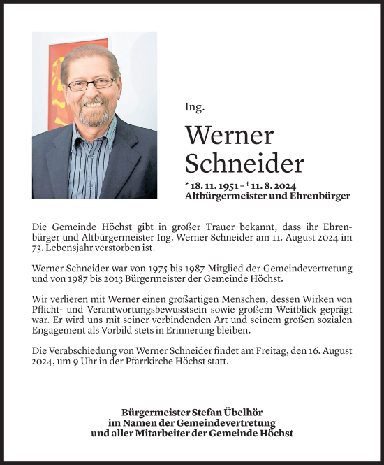 Todesanzeige von Werner Schneider von Vorarlberger Nachrichten