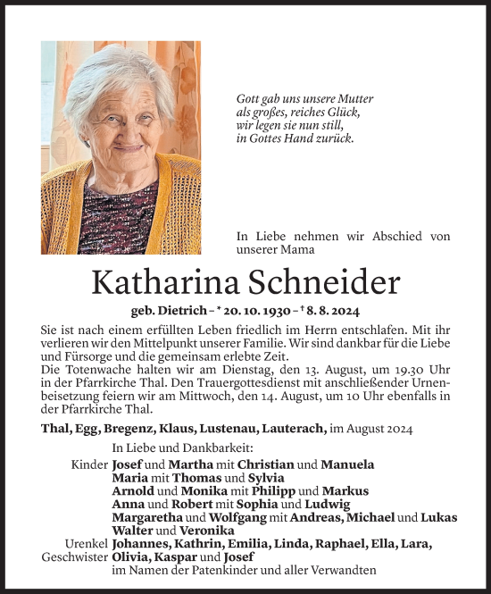 Todesanzeige von Katharina Schneider von Vorarlberger Nachrichten