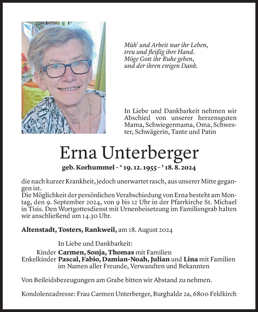  Todesanzeige für Erna Unterberger vom 06.09.2024 aus Vorarlberger Nachrichten