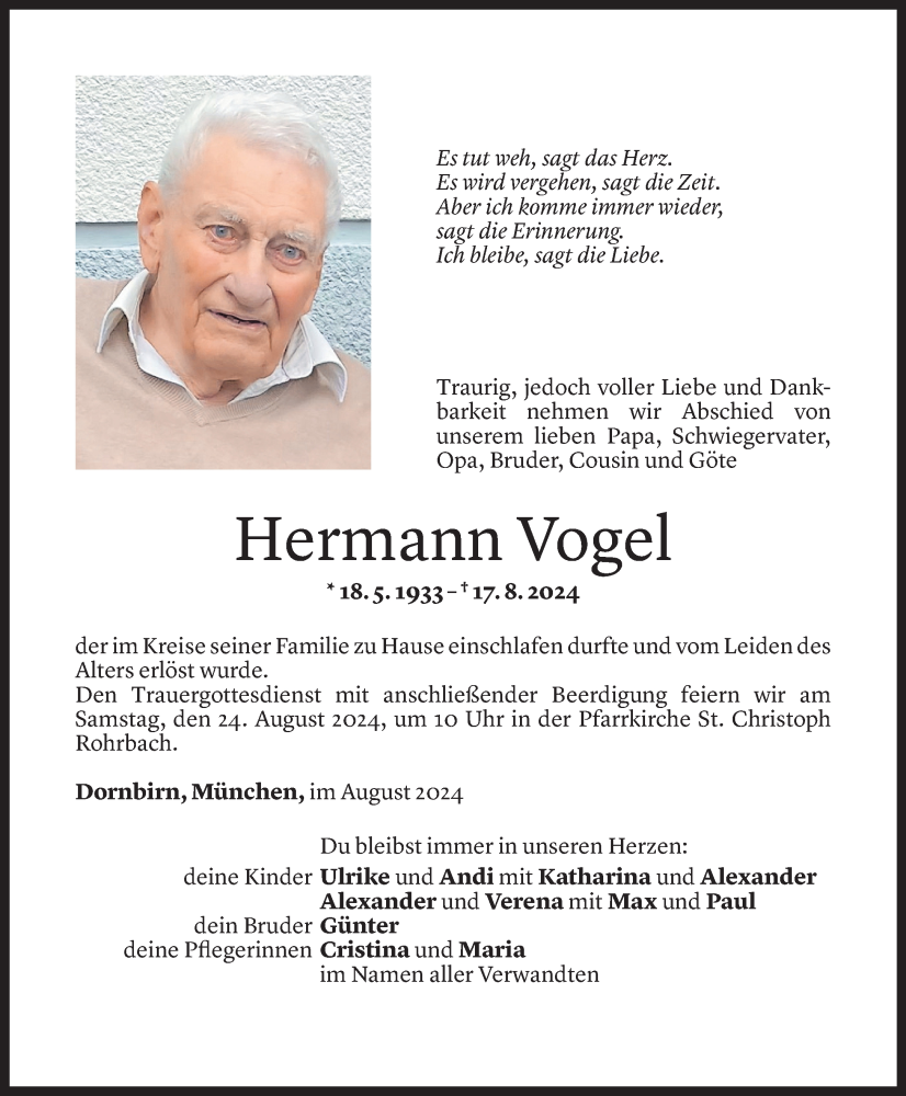  Todesanzeige für Hermann Vogel vom 21.08.2024 aus Vorarlberger Nachrichten