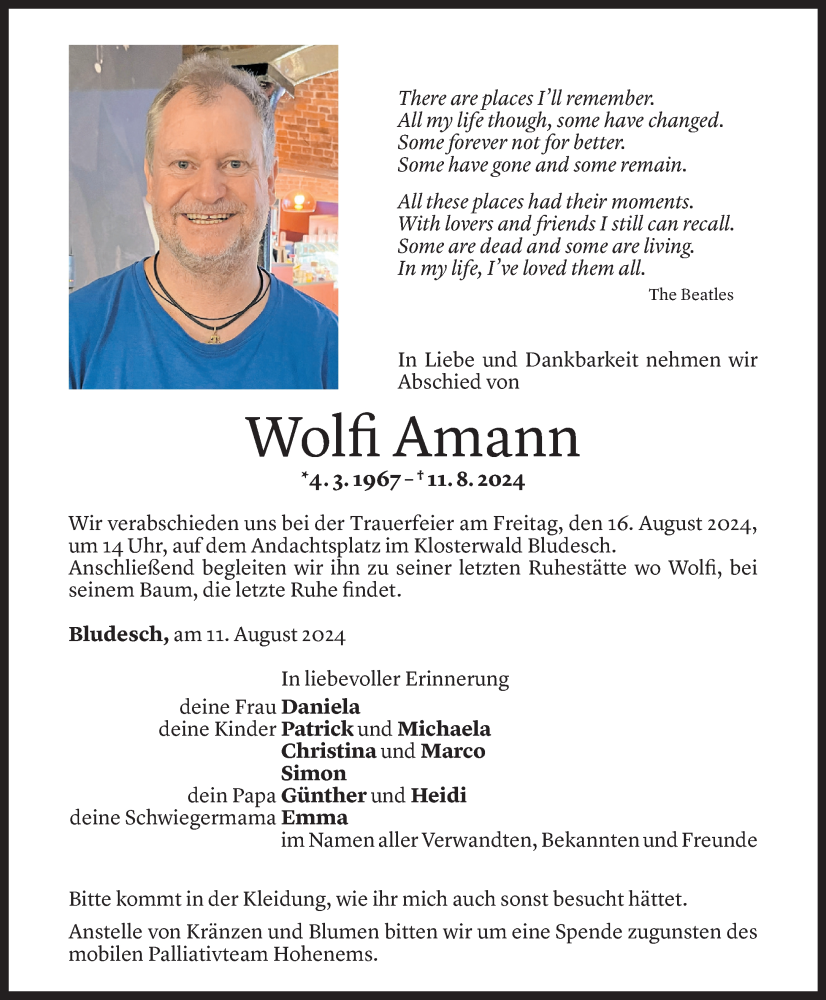  Todesanzeige für Wolfi Amann vom 12.08.2024 aus Vorarlberger Nachrichten