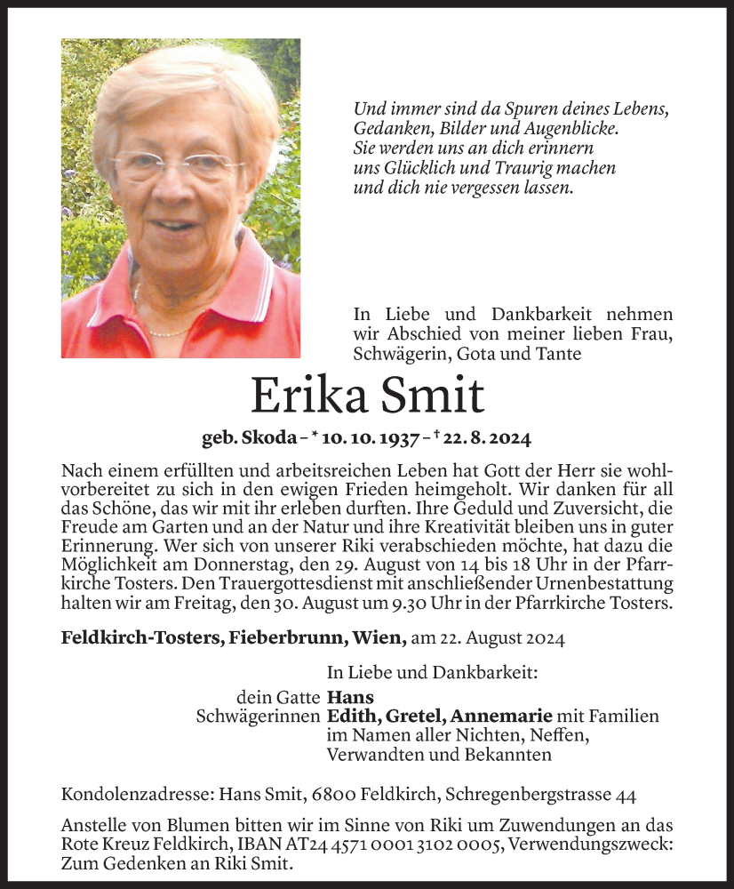  Todesanzeige für Erika Smit vom 27.08.2024 aus Vorarlberger Nachrichten