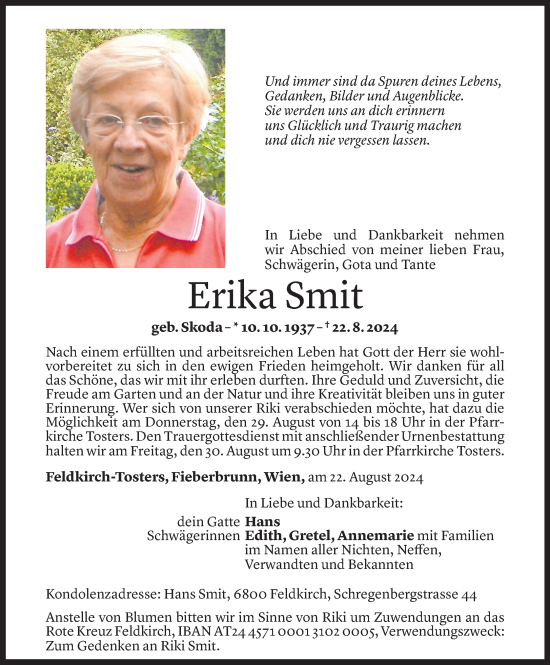 Todesanzeige von Erika Smit von Vorarlberger Nachrichten