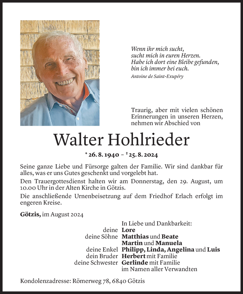  Todesanzeige für Walter Hohlrieder vom 27.08.2024 aus Vorarlberger Nachrichten