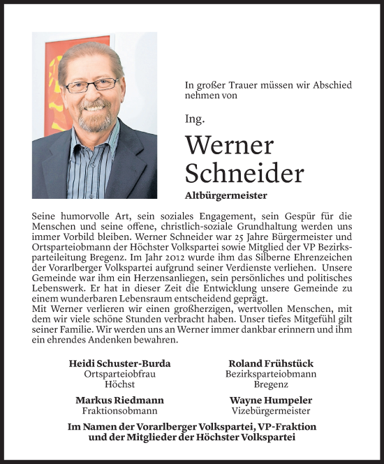 Todesanzeige von Werner Schneider von Vorarlberger Nachrichten