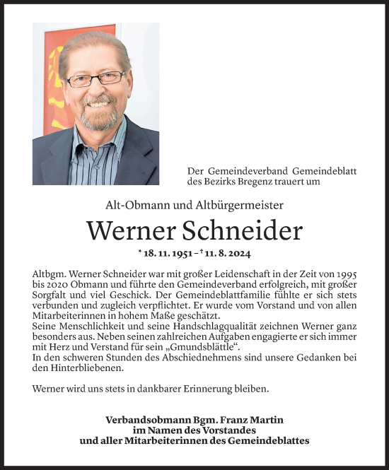 Todesanzeige von Werner Schneider von Vorarlberger Nachrichten