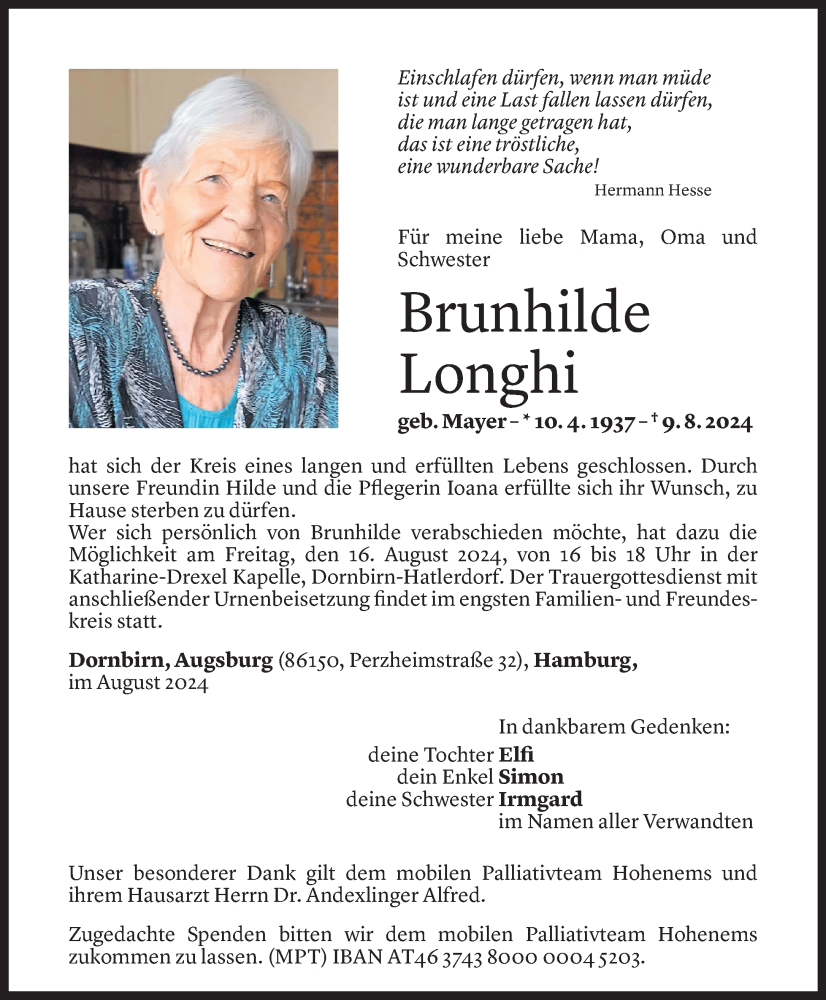  Todesanzeige für Brunhilde Longhi vom 12.08.2024 aus Vorarlberger Nachrichten