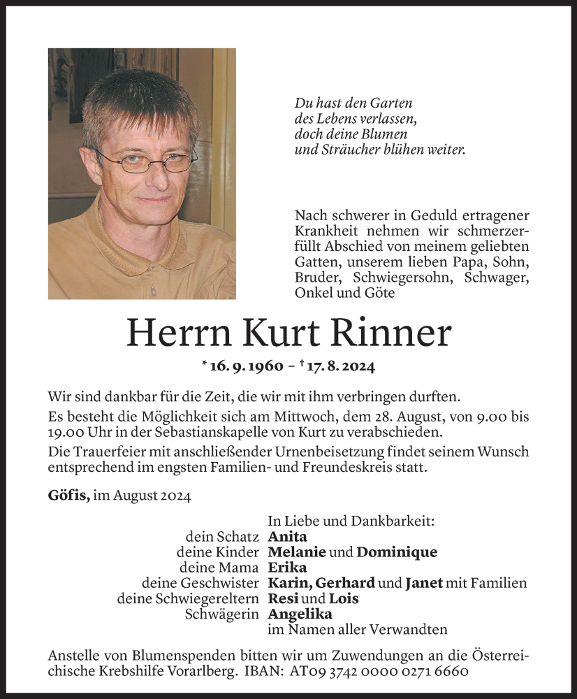  Todesanzeige für Kurt Rinner vom 26.08.2024 aus Vorarlberger Nachrichten