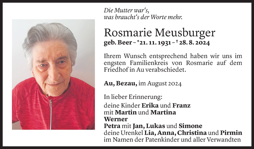  Todesanzeige für Rosmarie Meusburger vom 02.09.2024 aus Vorarlberger Nachrichten