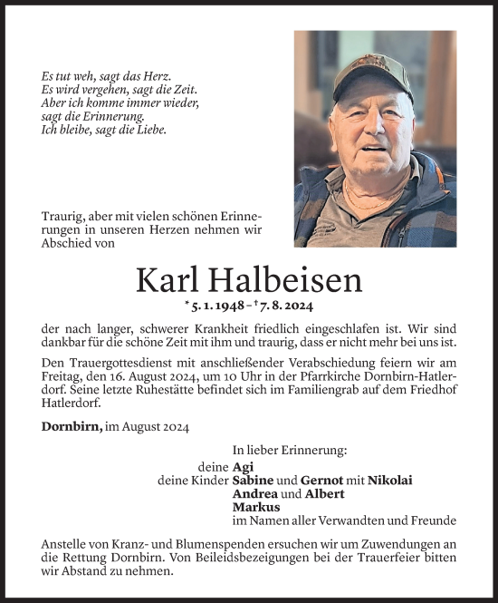 Todesanzeige von Karl Halbeisen von Vorarlberger Nachrichten