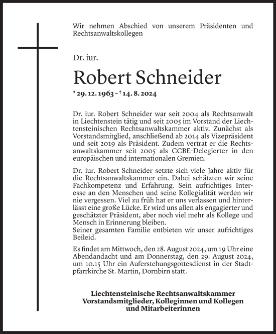 Todesanzeige von Robert Schneider von Vorarlberger Nachrichten