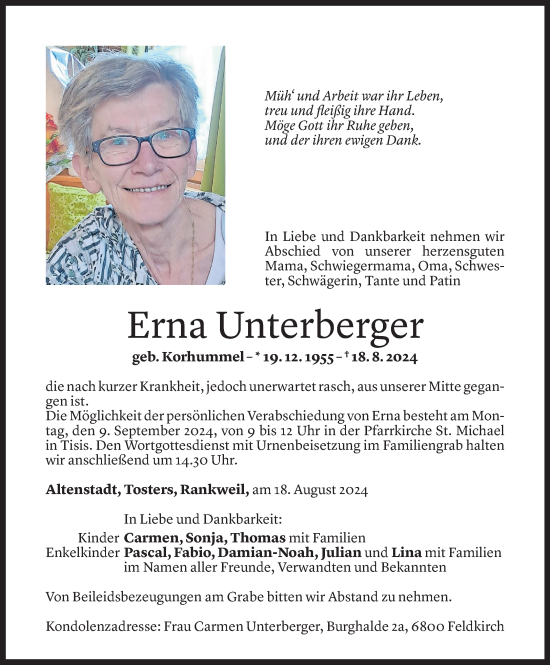 Todesanzeige von Erna Unterberger von Vorarlberger Nachrichten