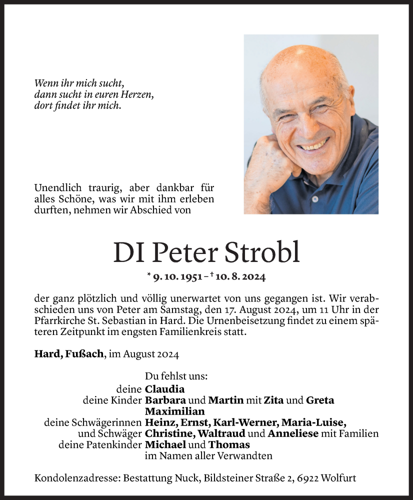  Todesanzeige für Peter Strobl vom 14.08.2024 aus Vorarlberger Nachrichten