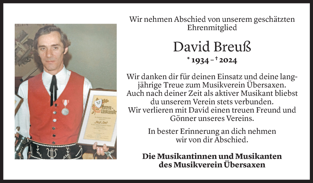  Todesanzeige für David Breuß vom 12.08.2024 aus Vorarlberger Nachrichten