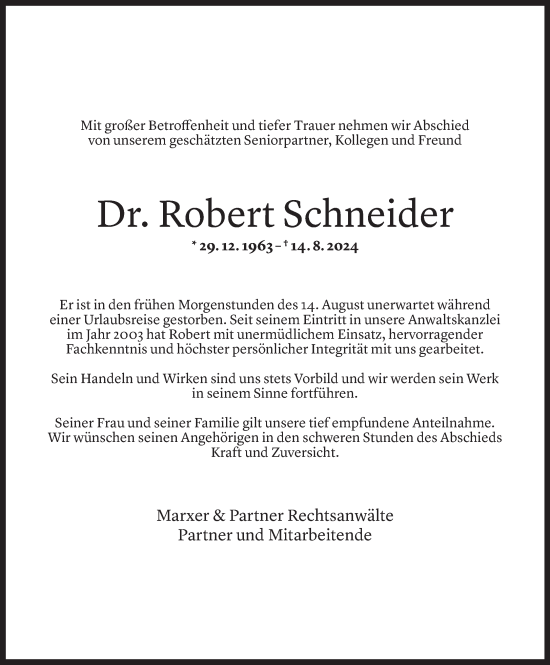 Todesanzeige von Robert Schneider von Vorarlberger Nachrichten