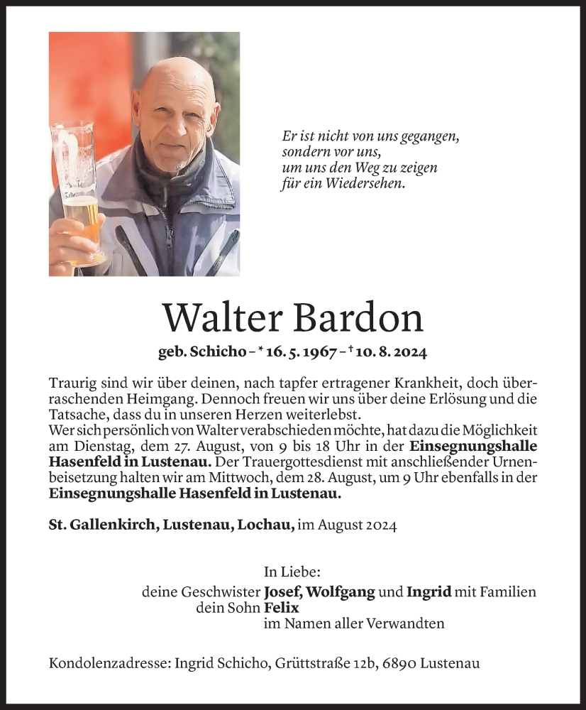  Todesanzeige für Walter Bardon vom 23.08.2024 aus Vorarlberger Nachrichten