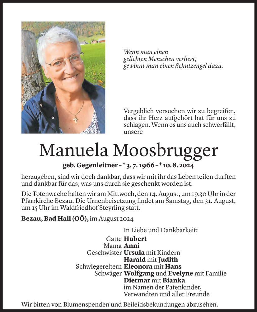  Todesanzeige für Manuela Moosbrugger vom 12.08.2024 aus Vorarlberger Nachrichten