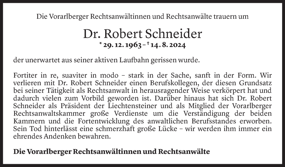  Todesanzeige für Robert Schneider vom 23.08.2024 aus Vorarlberger Nachrichten