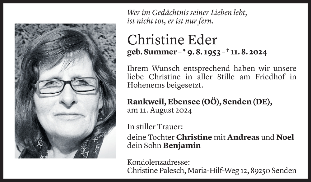  Todesanzeige für Christine Eder vom 14.08.2024 aus Vorarlberger Nachrichten