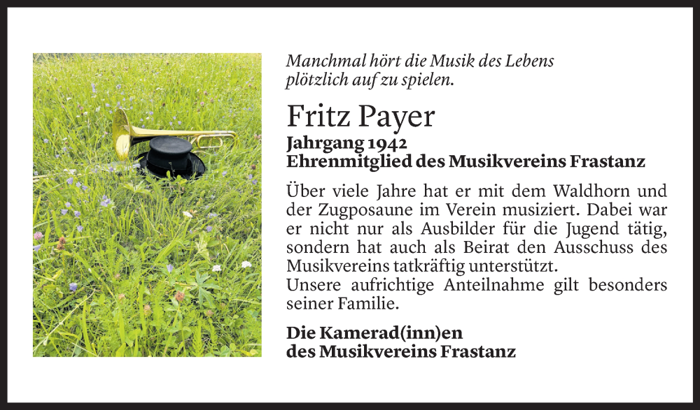  Todesanzeige für Fritz Payer vom 08.08.2024 aus Vorarlberger Nachrichten