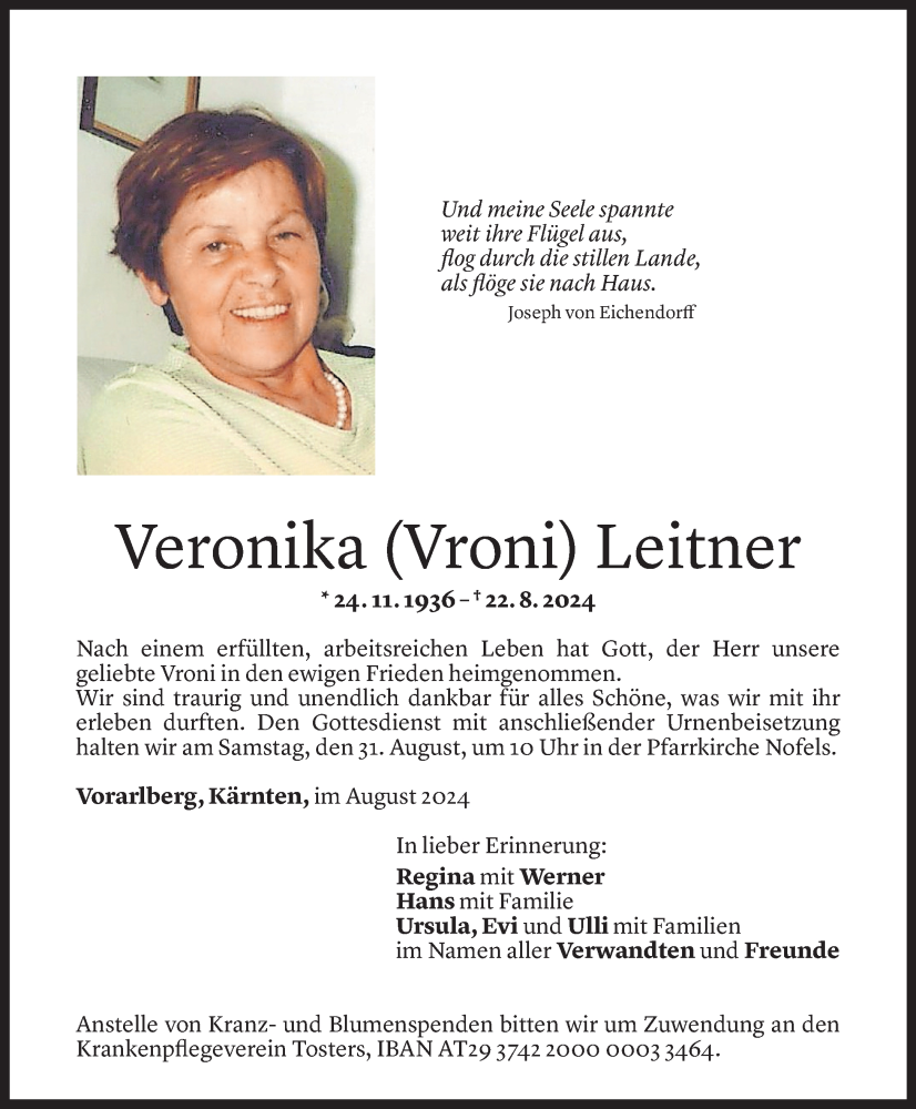  Todesanzeige für Veronika Leitner vom 28.08.2024 aus Vorarlberger Nachrichten