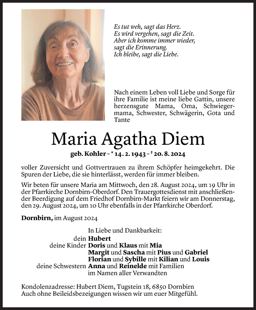  Todesanzeige für Maria Agatha Diem vom 23.08.2024 aus Vorarlberger Nachrichten