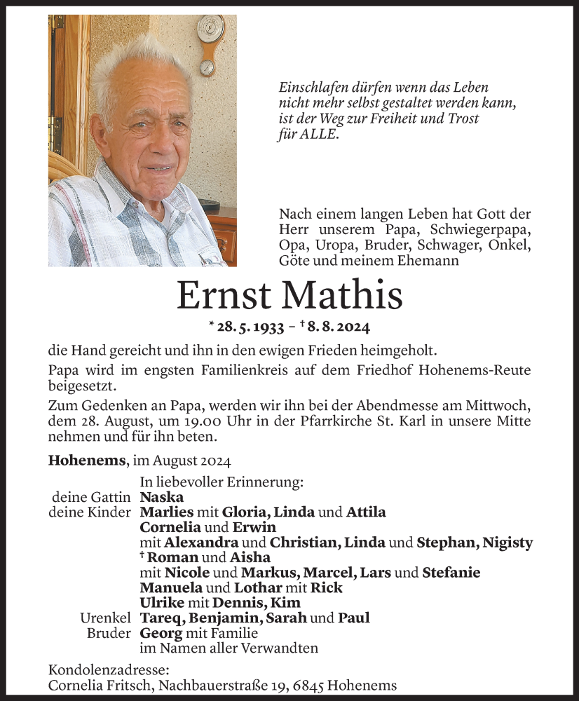  Todesanzeige für Ernst Mathis vom 16.08.2024 aus Vorarlberger Nachrichten