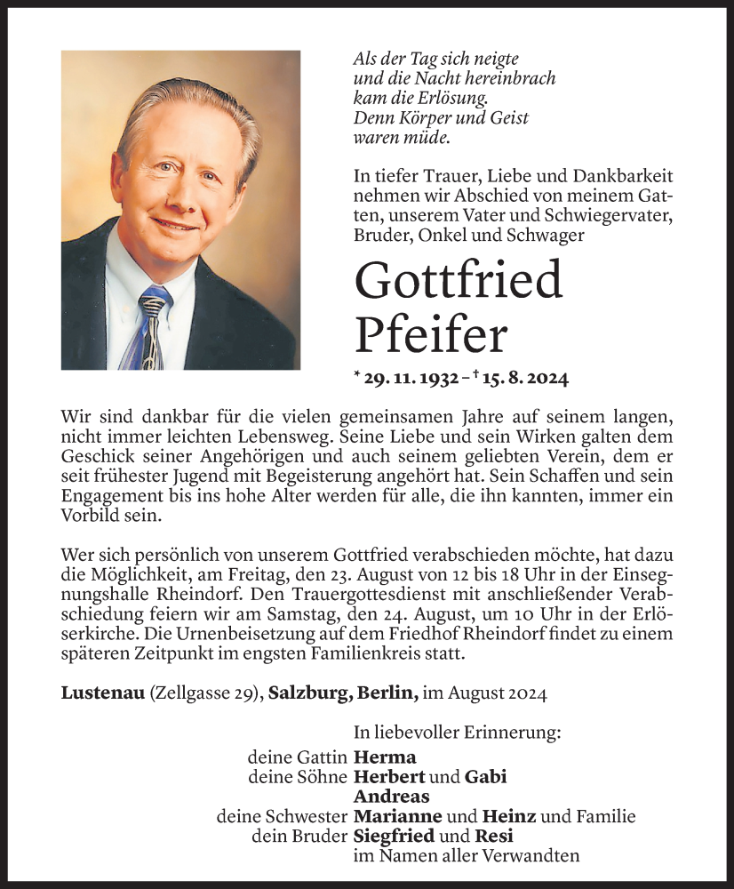  Todesanzeige für Gottfried Pfeifer vom 22.08.2024 aus Vorarlberger Nachrichten