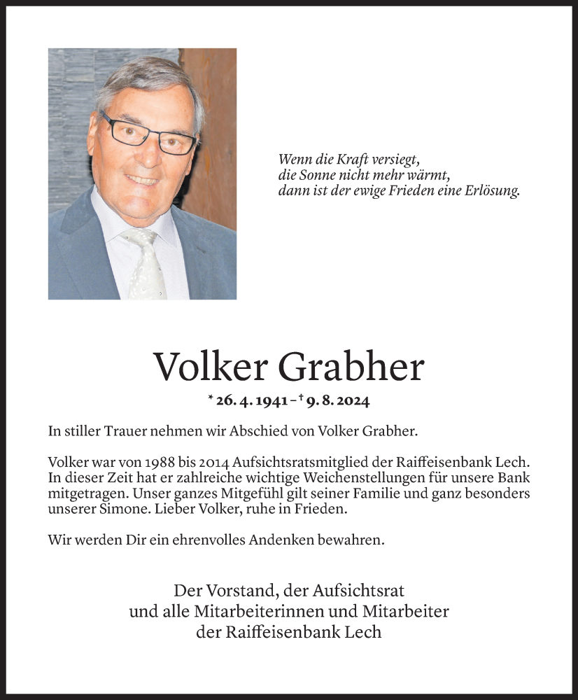  Todesanzeige für Volker Grabher vom 14.08.2024 aus Vorarlberger Nachrichten