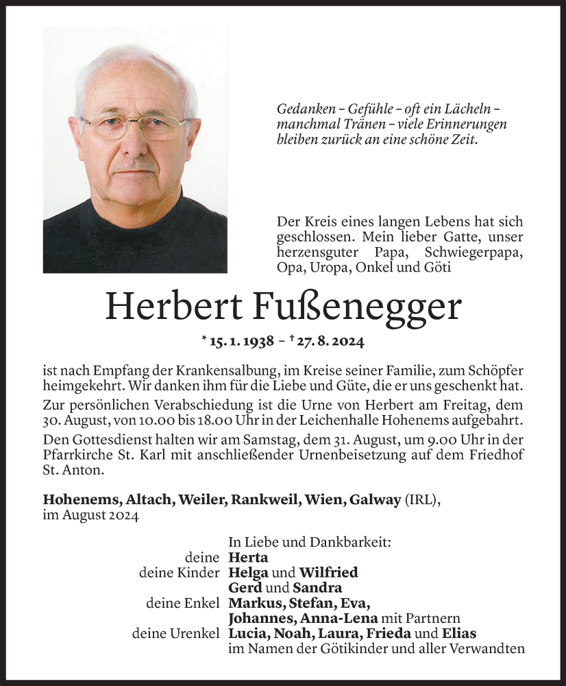  Todesanzeige für Herbert Fußenegger vom 29.08.2024 aus Vorarlberger Nachrichten