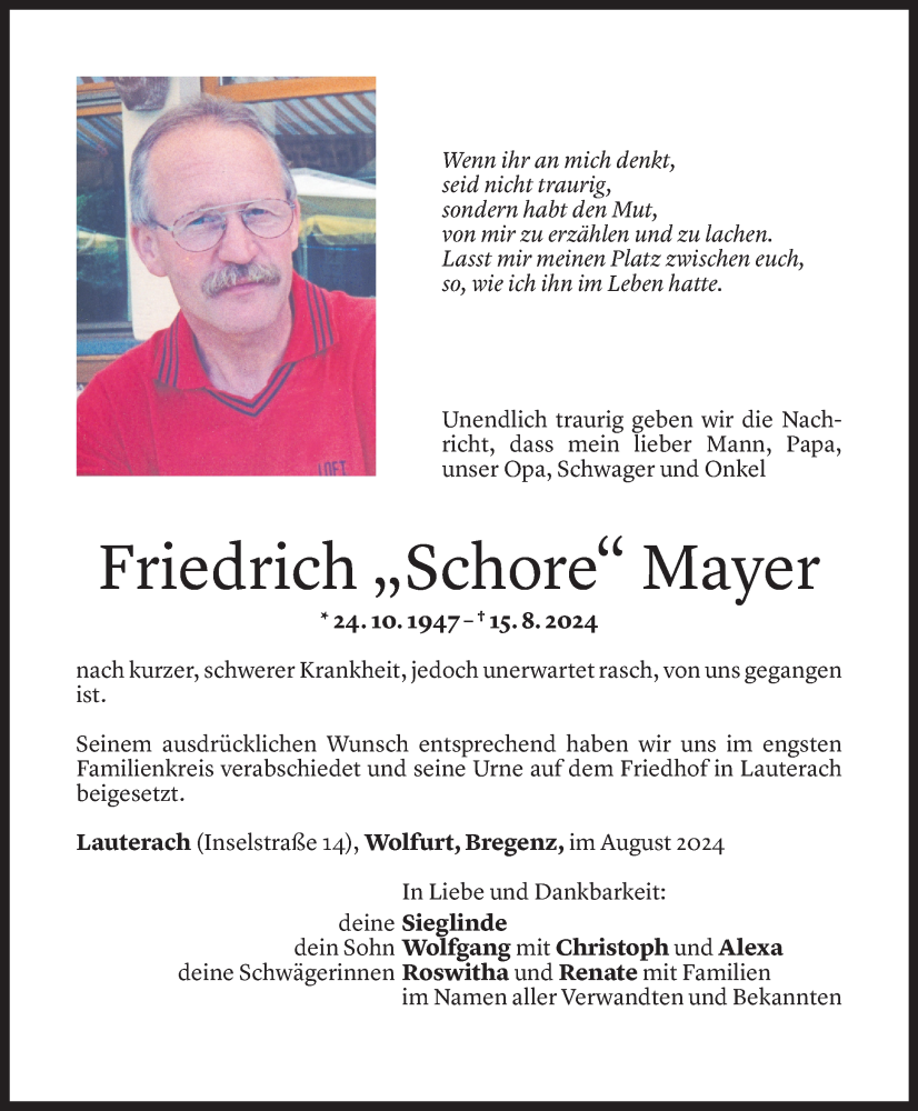  Todesanzeige für Friedrich Mayer vom 21.08.2024 aus Vorarlberger Nachrichten
