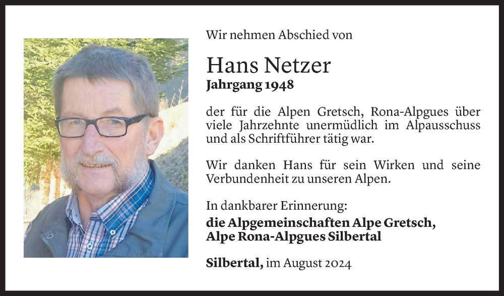  Todesanzeige für Hans Netzer vom 13.08.2024 aus Vorarlberger Nachrichten