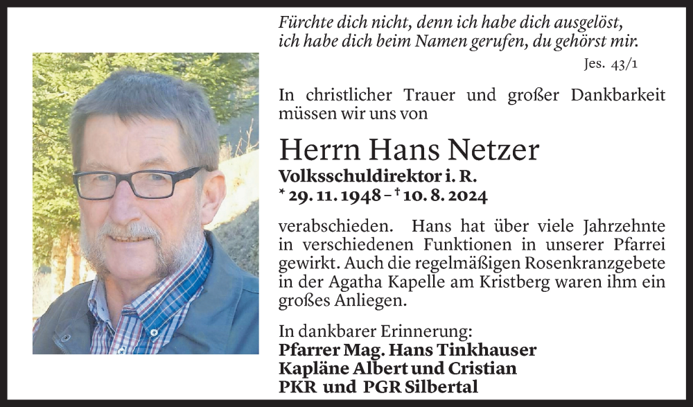  Todesanzeige für Hans Netzer vom 12.08.2024 aus Vorarlberger Nachrichten