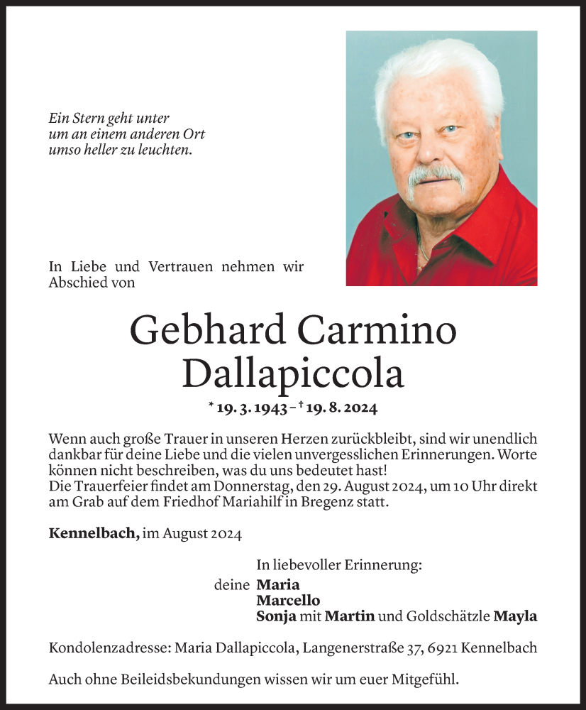  Todesanzeige für Gebhard Carmino Dallapiccola vom 27.08.2024 aus Vorarlberger Nachrichten