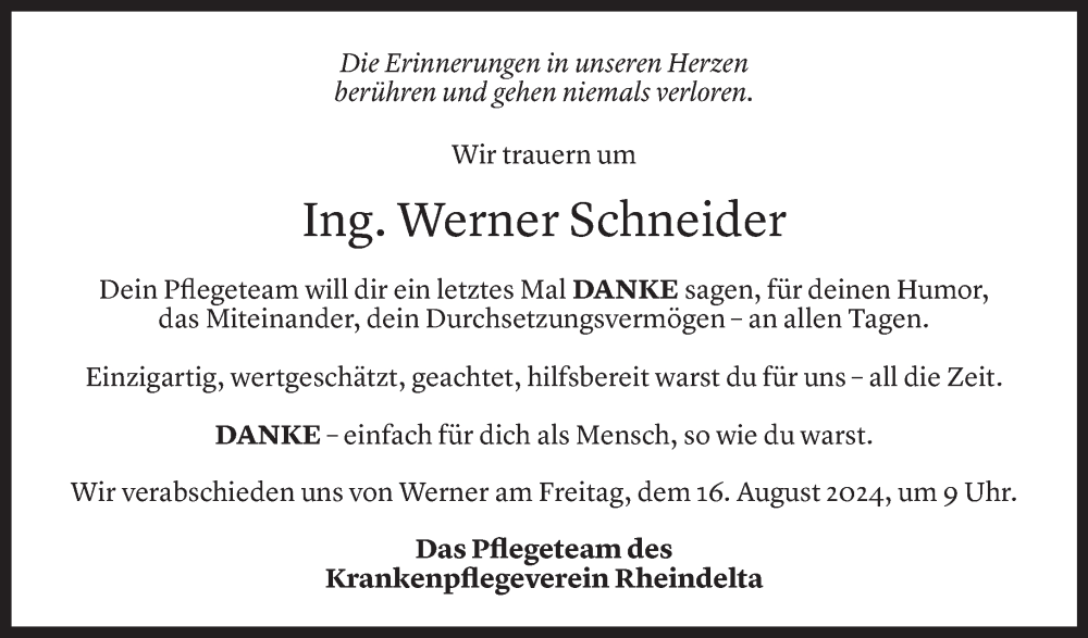  Todesanzeige für Werner Schneider vom 14.08.2024 aus Vorarlberger Nachrichten