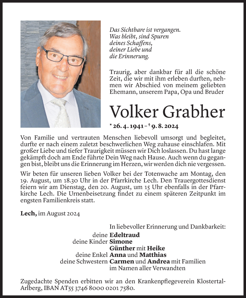  Todesanzeige für Volker Grabher vom 14.08.2024 aus Vorarlberger Nachrichten