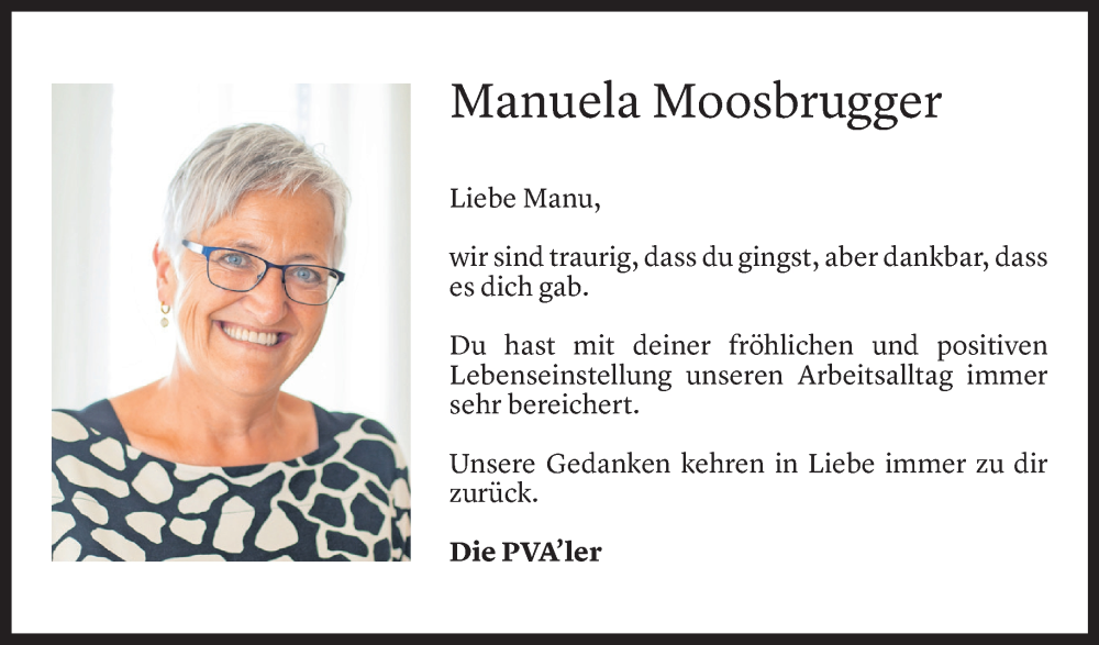  Todesanzeige für Manuela Moosbrugger vom 13.08.2024 aus Vorarlberger Nachrichten