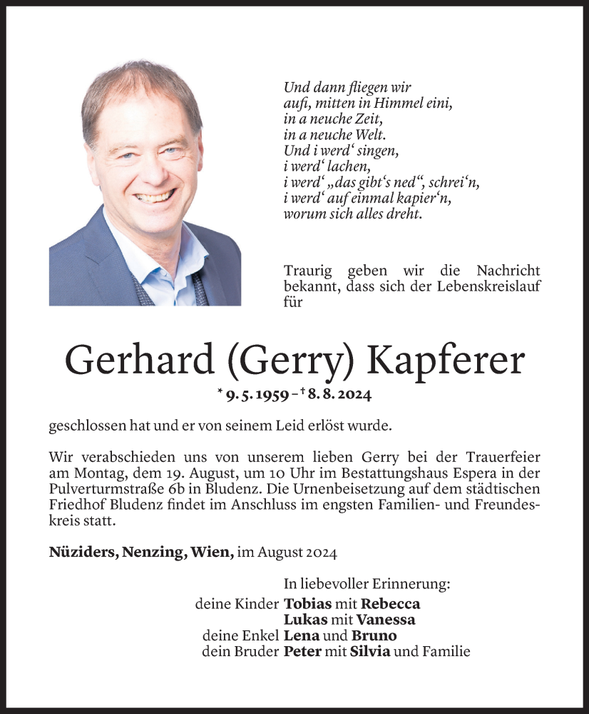  Todesanzeige für Gerhard Kapferer vom 14.08.2024 aus Vorarlberger Nachrichten