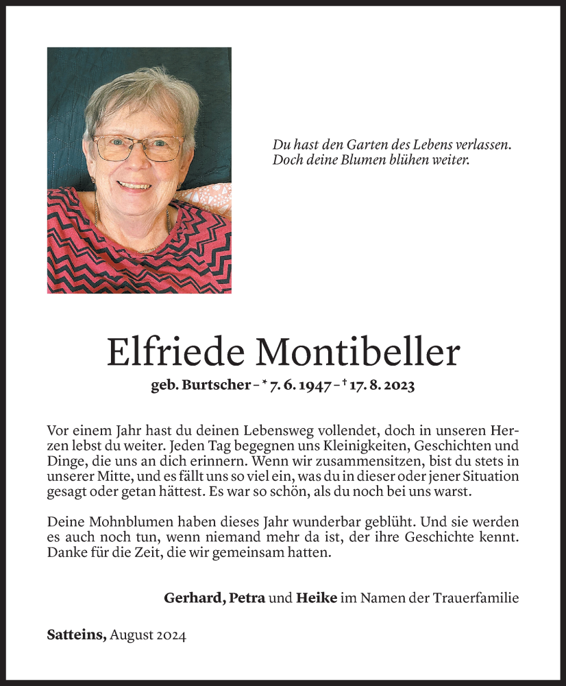  Todesanzeige für Elfriede Montibeller vom 16.08.2024 aus Vorarlberger Nachrichten
