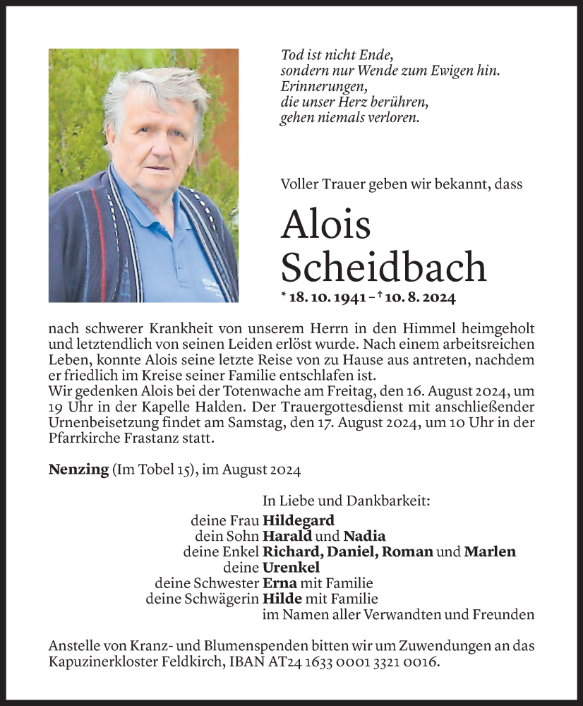  Todesanzeige für Alois Scheidbach vom 13.08.2024 aus Vorarlberger Nachrichten