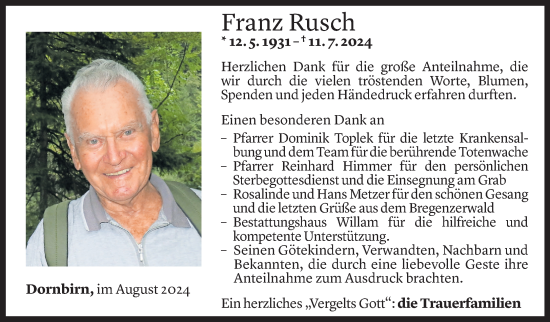 Todesanzeige von Franz Rusch von Vorarlberger Nachrichten