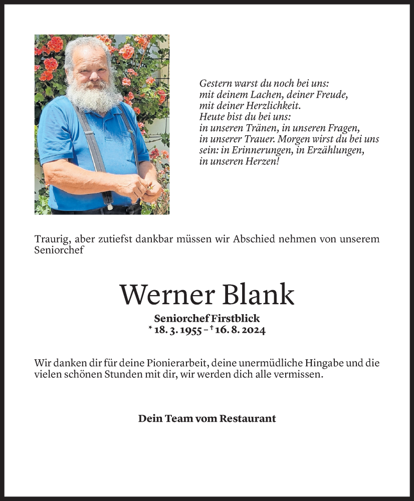  Todesanzeige für Werner Blank vom 20.08.2024 aus Vorarlberger Nachrichten